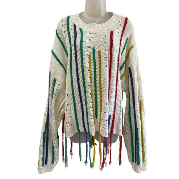 Davi & Dani Multicolor Fringe Knit Sweater L Relaxed Fit Long Sleeve Ivory - Picture 2 of 11